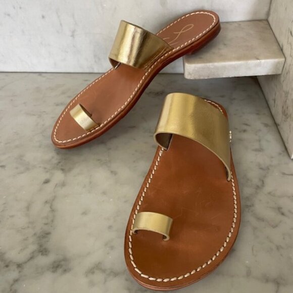 SAM EDELMAN Maxy Gold Slip On Toe Ring Leather Flat Slides Sandal 6 - Picture 10 of 15